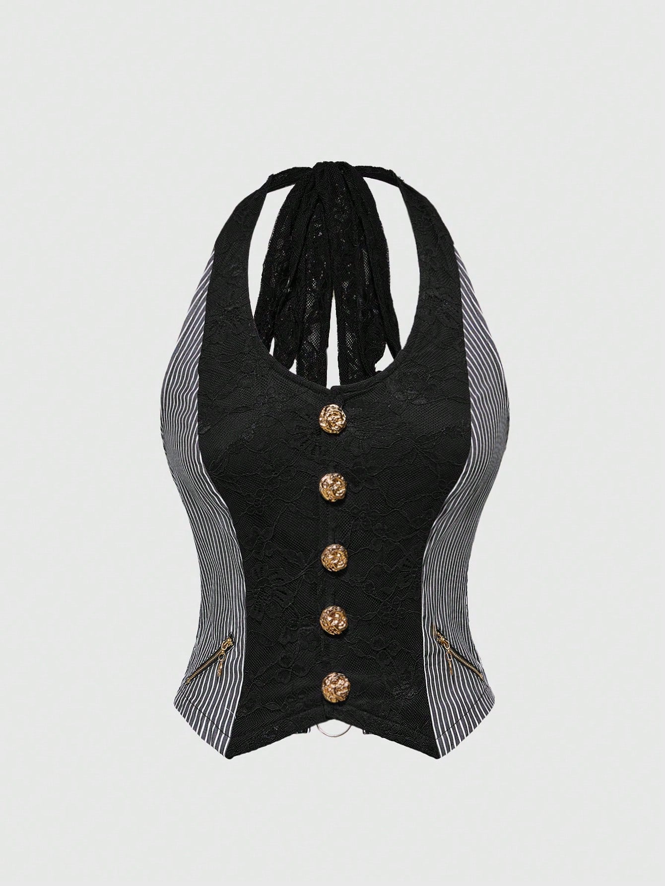 ROMWE J-Fashion Blazer a rayas con estilo retro Y2K Harajuku, top sin espalda con decoración metálica y halter de encaje en contraste para mujeres