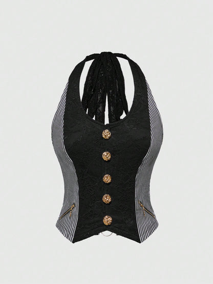 ROMWE J-Fashion Blazer a rayas con estilo retro Y2K Harajuku, top sin espalda con decoración metálica y halter de encaje en contraste para mujeres