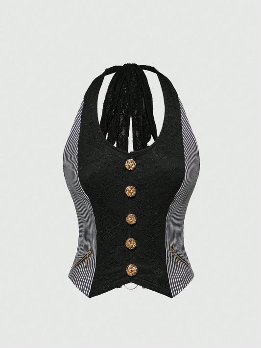 ROMWE J-Fashion Blazer a rayas con estilo retro Y2K Harajuku, top sin espalda con decoración metálica y halter de encaje en contraste para mujeres