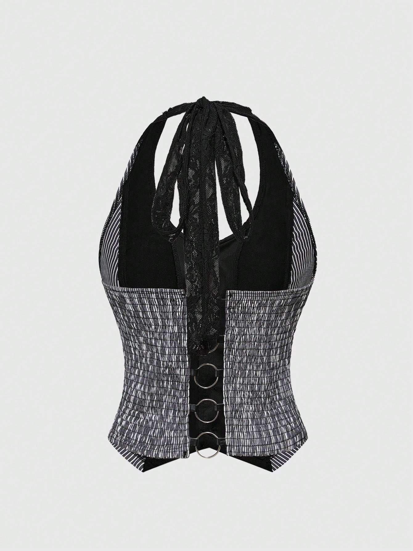ROMWE J-Fashion Blazer a rayas con estilo retro Y2K Harajuku, top sin espalda con decoración metálica y halter de encaje en contraste para mujeres