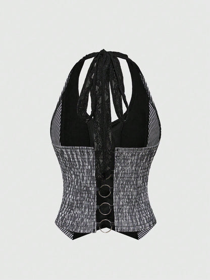 ROMWE J-Fashion Blazer a rayas con estilo retro Y2K Harajuku, top sin espalda con decoración metálica y halter de encaje en contraste para mujeres