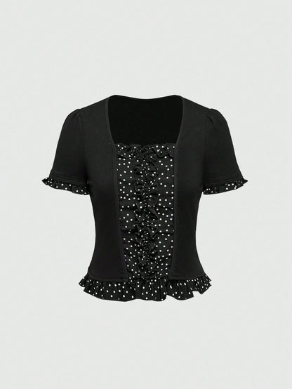 ROMWE J-Fashion Blusa de campesina con patchwork de lunares, casual y elegante para uso diario