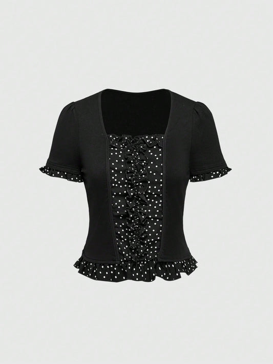 ROMWE J-Fashion Blusa de campesina con patchwork de lunares, casual y elegante para uso diario