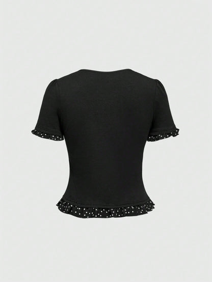 ROMWE J-Fashion Blusa de campesina con patchwork de lunares, casual y elegante para uso diario