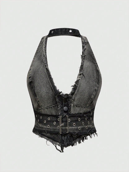 ROMWE J-Fashion Blusa de denim ajustada con cuello en V, lavado vintage y borlas