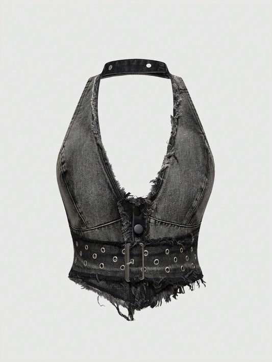 ROMWE J-Fashion Blusa de denim ajustada con cuello en V, lavado vintage y borlas