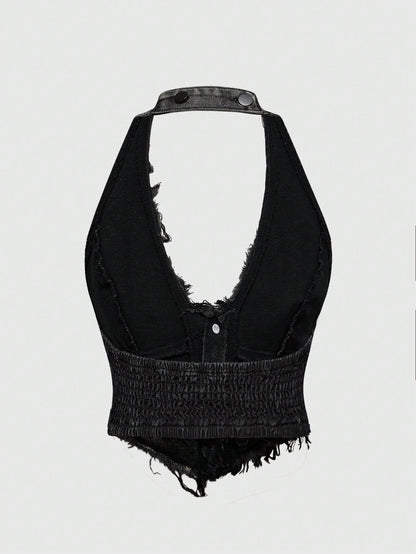 ROMWE J-Fashion Blusa de denim ajustada con cuello en V, lavado vintage y borlas