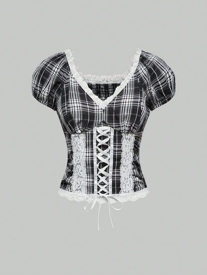 ROMWE J-Fashion Blusa de mujer con paneles de encaje y hombros descubiertos