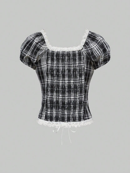 ROMWE J-Fashion Blusa de mujer con paneles de encaje y hombros descubiertos