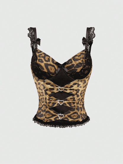 ROMWE J-Fashion Camisa de tirantes con estampado de leopardo y decoración de lazo y corazón