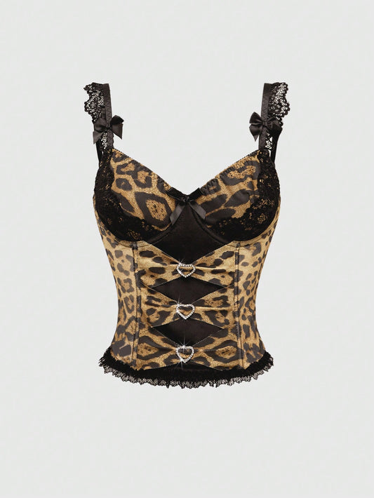 ROMWE J-Fashion Camisa de tirantes con estampado de leopardo y decoración de lazo y corazón