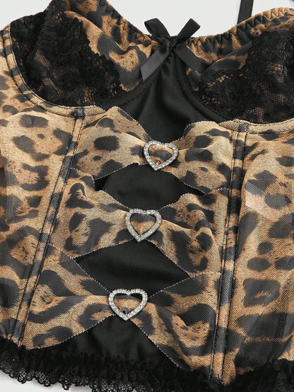 ROMWE J-Fashion Camisa de tirantes con estampado de leopardo y decoración de lazo y corazón