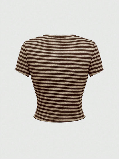 ROMWE J-Fashion Camiseta ajustada de mujer con rayas y adornos de strass con estilo vintage Y2K