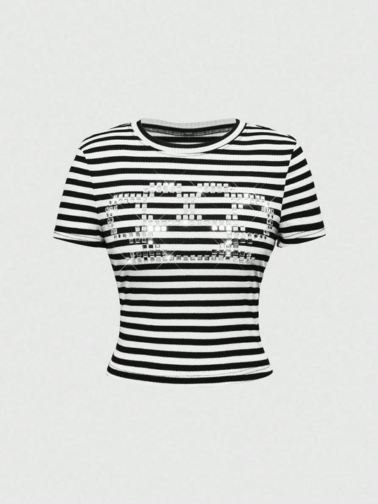 ROMWE J-Fashion Camiseta ajustada de mujer con rayas y apliques de strass en estilo vintage Y2K