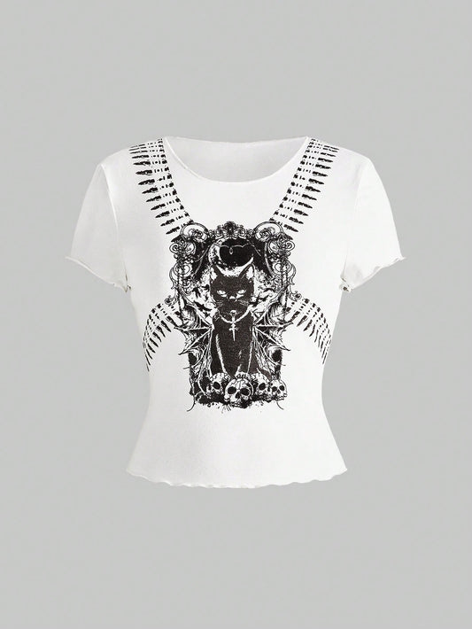 ROMWE J-Fashion Camiseta corta de estilo punk con estampado de calavera de gato negro