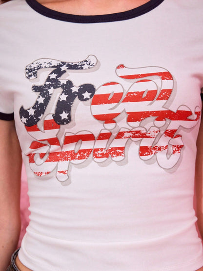 ROMWE J-Fashion Camiseta corta de manga corta con cuello redondo y estampado de letras para mujer, ajuste ceñido