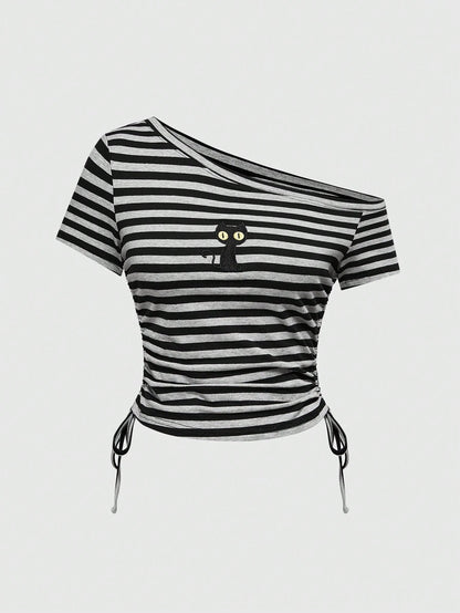 ROMWE J-Fashion Camiseta de mujer a rayas con cordón y bordado de gato negro estilo retro Y2K