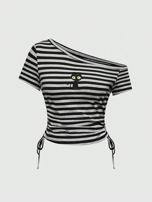 ROMWE J-Fashion Camiseta de mujer a rayas con cordón y bordado de gato negro estilo retro Y2K