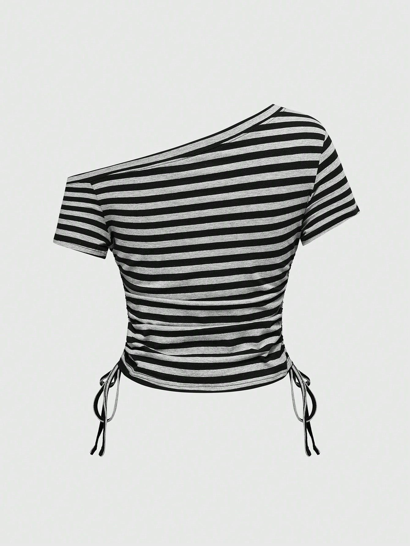 ROMWE J-Fashion Camiseta de mujer a rayas con cordón y bordado de gato negro estilo retro Y2K