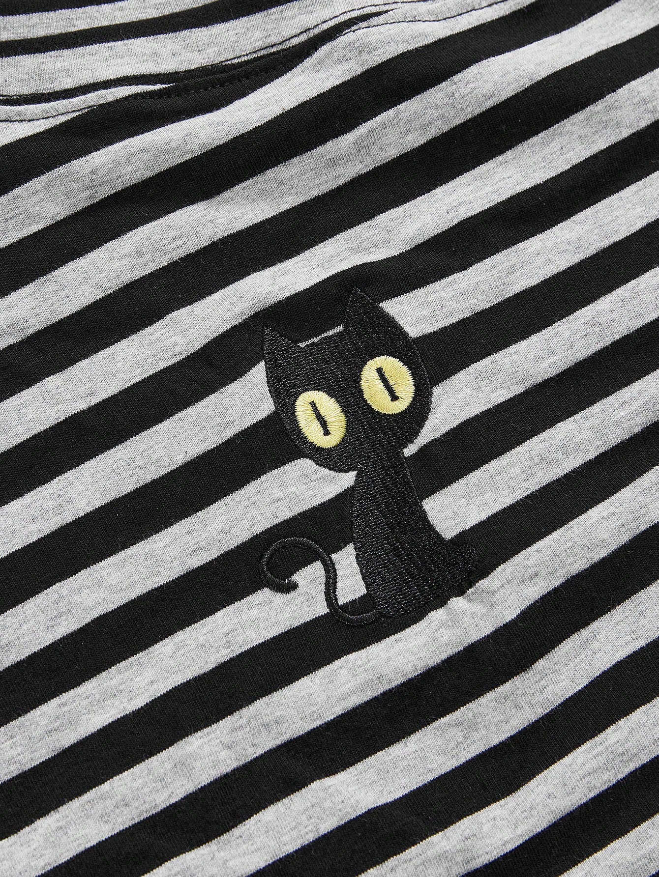 ROMWE J-Fashion Camiseta de mujer a rayas con cordón y bordado de gato negro estilo retro Y2K