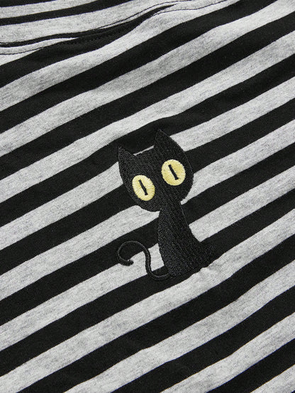 ROMWE J-Fashion Camiseta de mujer a rayas con cordón y bordado de gato negro estilo retro Y2K
