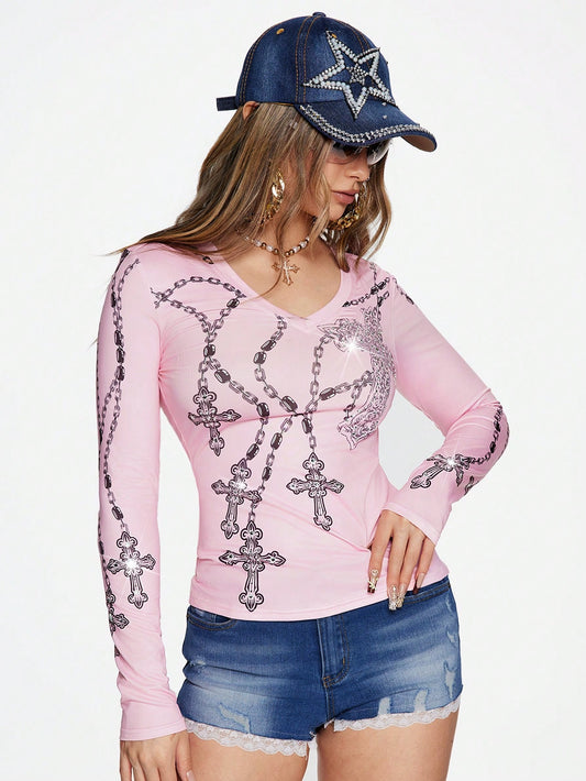 ROMWE J-Fashion Camiseta de mujer rosa con estampado de cadenas cruzadas, estilo subcultura Y2K Harajuku