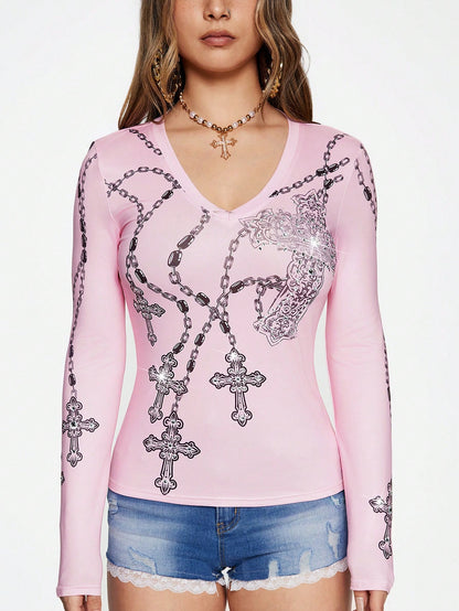 ROMWE J-Fashion Camiseta de mujer rosa con estampado de cadenas cruzadas, estilo subcultura Y2K Harajuku