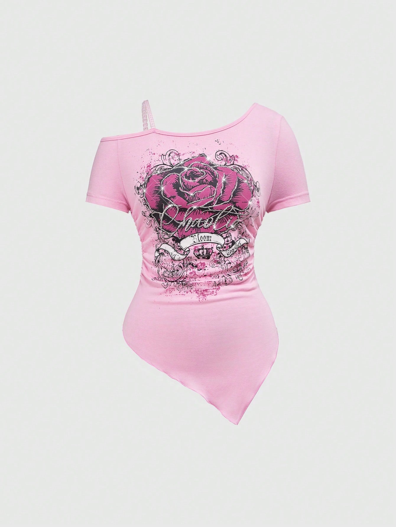 ROMWE J-Fashion Camiseta informal con estampado de rosas de rhinestone y dobladillo asimétrico para mujer, estilo callejero de Harajuku