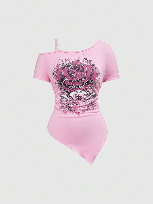 ROMWE J-Fashion Camiseta informal con estampado de rosas de rhinestone y dobladillo asimétrico para mujer, estilo callejero de Harajuku