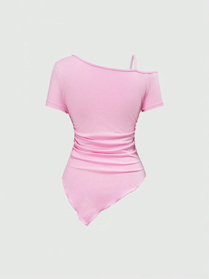 ROMWE J-Fashion Camiseta informal con estampado de rosas de rhinestone y dobladillo asimétrico para mujer, estilo callejero de Harajuku