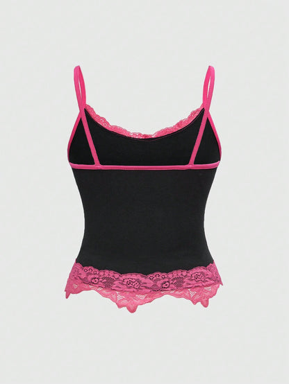 ROMWE J-Fashion Camiseta interior de señora con volantes en color rosa intenso sexy