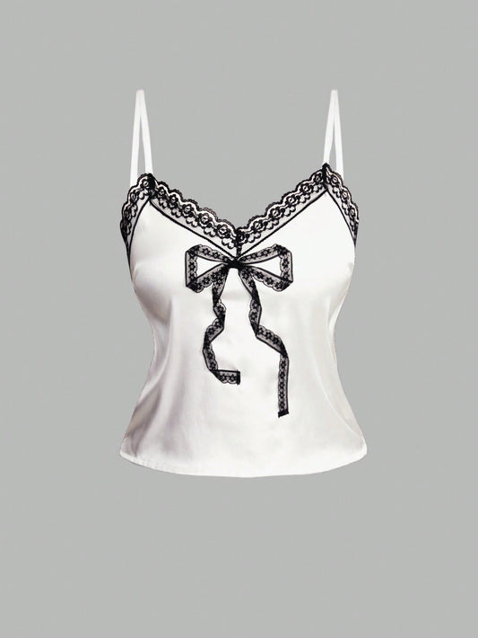 ROMWE J-Fashion Camisola de satén con encaje y lazo de color bloqueado al estilo Y2K para mujer, ideal para verano