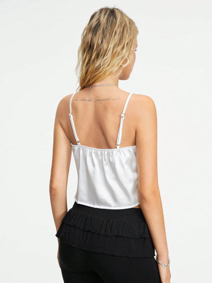 ROMWE J-Fashion Camisola de satén con encaje y lazo de color bloqueado al estilo Y2K para mujer, ideal para verano