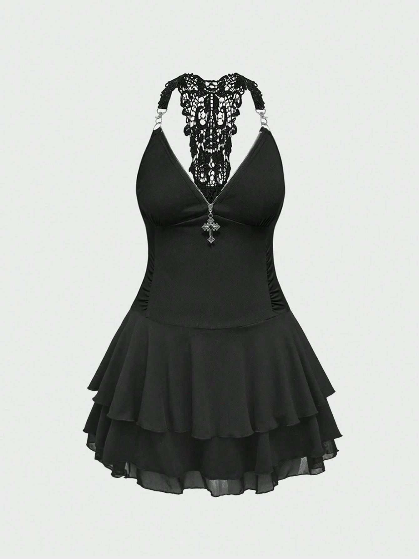 ROMWE J-Fashion Collar de varios niveles con decoración de cruz de estilo punk para mujer con vestido corto