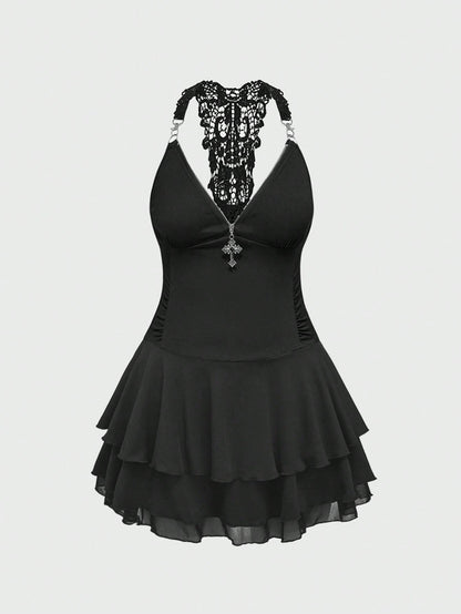 ROMWE J-Fashion Collar de varios niveles con decoración de cruz de estilo punk para mujer con vestido corto