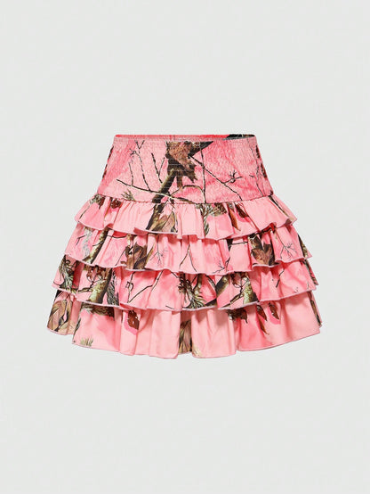 ROMWE J-Fashion Falda acampanada con estampado de ramas y hojas de varias capas para mujeres