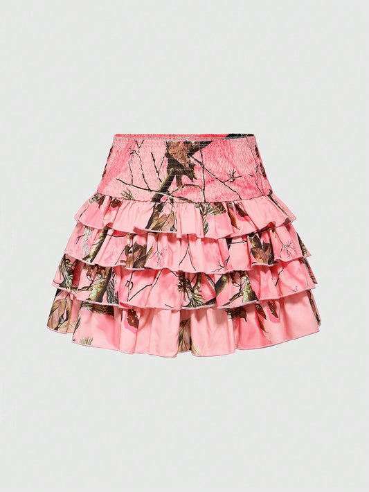 ROMWE J-Fashion Falda acampanada con estampado de ramas y hojas de varias capas para mujeres