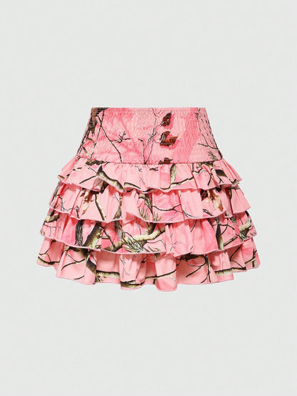 ROMWE J-Fashion Falda acampanada con estampado de ramas y hojas de varias capas para mujeres