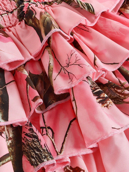 ROMWE J-Fashion Falda acampanada con estampado de ramas y hojas de varias capas para mujeres