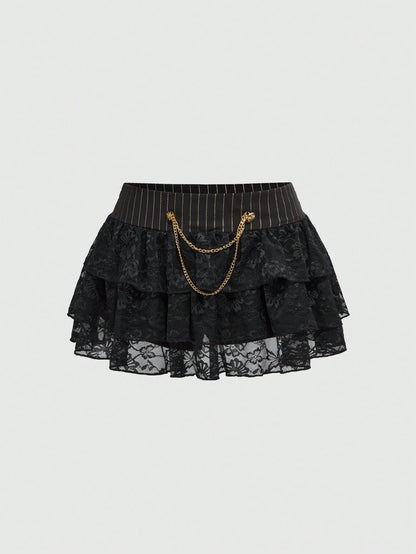 ROMWE J-Fashion Falda con volantes de encaje, cintura alta, estilo rayado y gran lazo, en estilo vintage Harajuku para mujeres