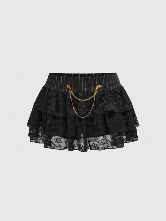 ROMWE J-Fashion Falda con volantes de encaje, cintura alta, estilo rayado y gran lazo, en estilo vintage Harajuku para mujeres