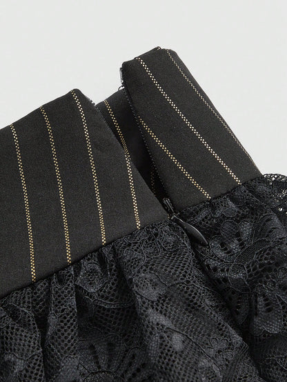 ROMWE J-Fashion Falda con volantes de encaje, cintura alta, estilo rayado y gran lazo, en estilo vintage Harajuku para mujeres