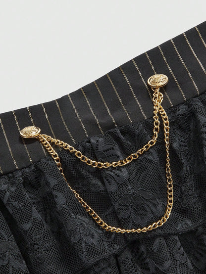 ROMWE J-Fashion Falda con volantes de encaje, cintura alta, estilo rayado y gran lazo, en estilo vintage Harajuku para mujeres