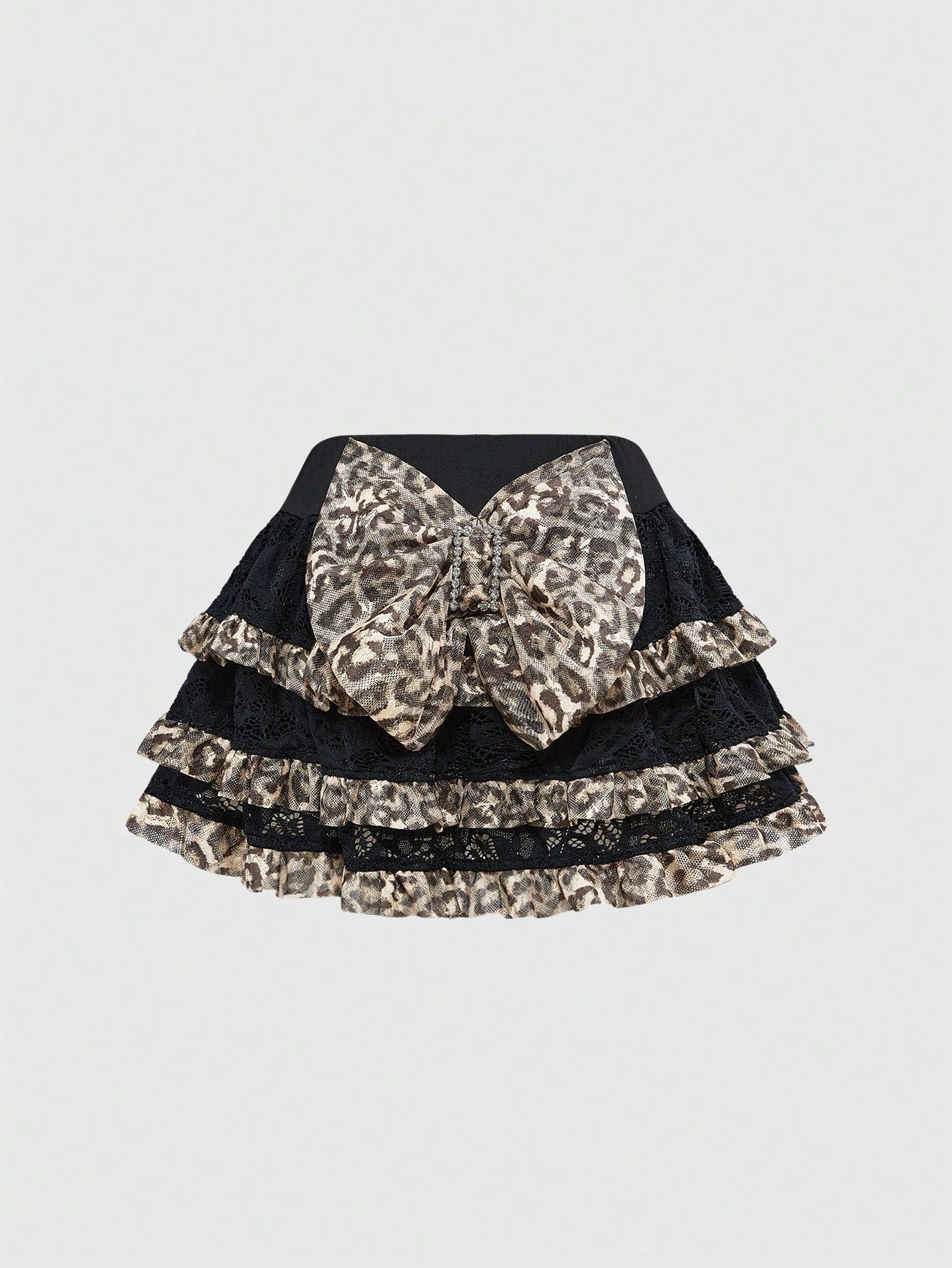 ROMWE J-Fashion Falda de gasa con estampado de leopardo, cintura baja, volantes de encaje y gran lazo en estilo Y2K Harajuku para mujer