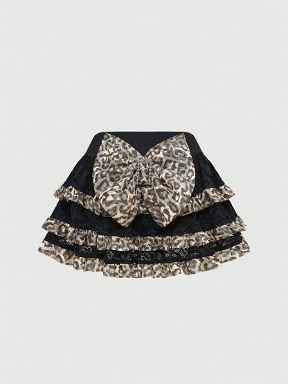 ROMWE J-Fashion Falda de gasa con estampado de leopardo, cintura baja, volantes de encaje y gran lazo en estilo Y2K Harajuku para mujer