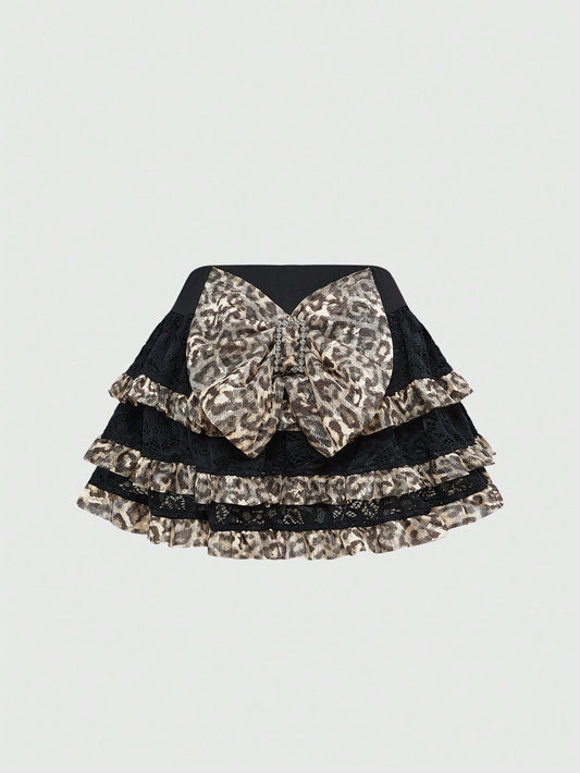 ROMWE J-Fashion Falda de gasa con estampado de leopardo, cintura baja, volantes de encaje y gran lazo en estilo Y2K Harajuku para mujer