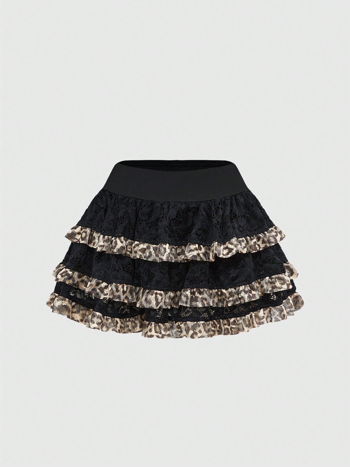 ROMWE J-Fashion Falda de gasa con estampado de leopardo, cintura baja, volantes de encaje y gran lazo en estilo Y2K Harajuku para mujer