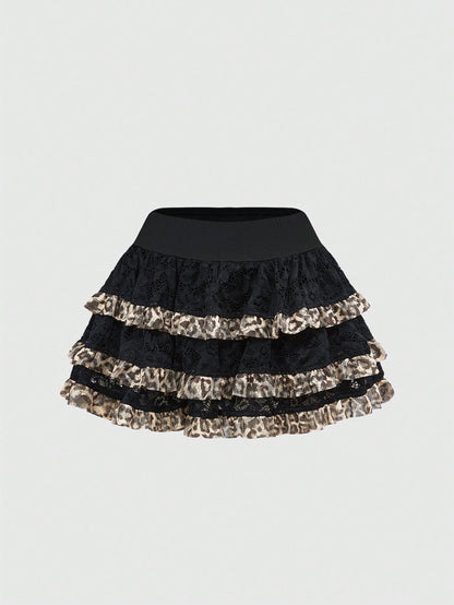 ROMWE J-Fashion Falda de gasa con estampado de leopardo, cintura baja, volantes de encaje y gran lazo en estilo Y2K Harajuku para mujer