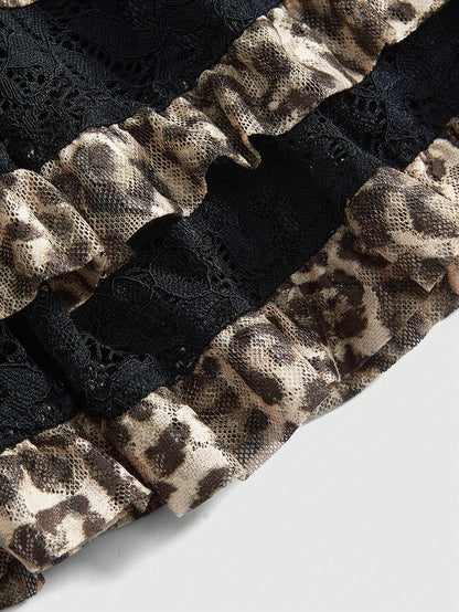 ROMWE J-Fashion Falda de gasa con estampado de leopardo, cintura baja, volantes de encaje y gran lazo en estilo Y2K Harajuku para mujer
