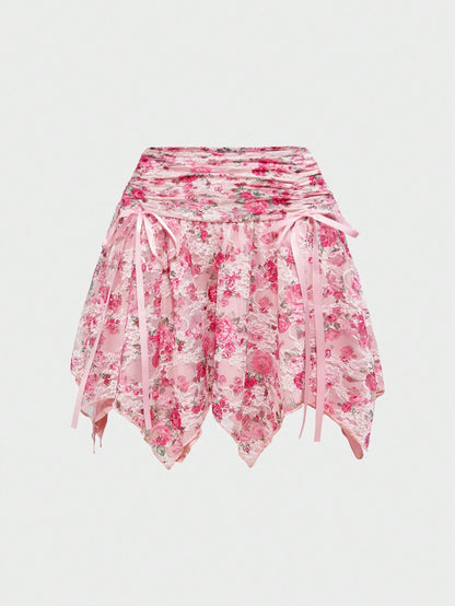 ROMWE J-Fashion Falda de verano para mujer asimétrica con dobladillo con cordón y estampado de encaje floral